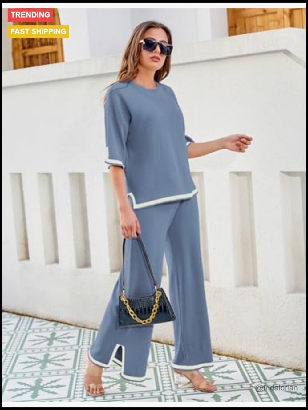 Short Sleeve Knit Pullover Top Wide Leg Pants Lounge Set - Picture 4 of 7
